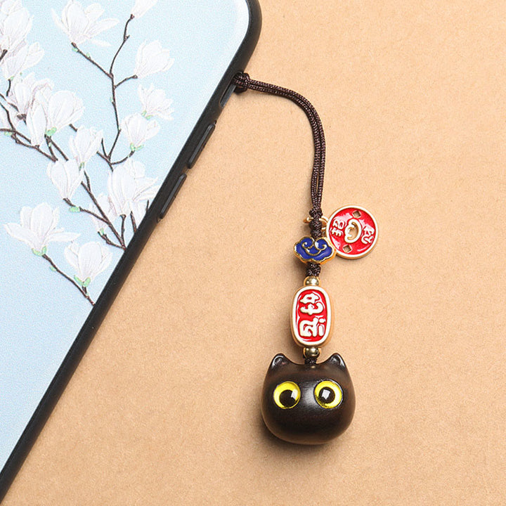 Buddha Stones Ebony Wood Lucky Cat Auspicious Cloud Peace Key Chain Phone Hanging Decoration