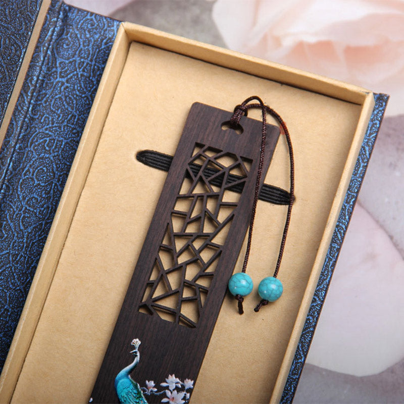 Buddha Stones Blue Peacock Ebony Wood Bookmarks With Gift Box