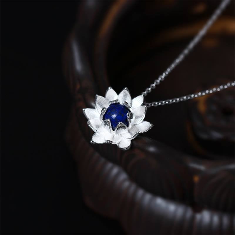 Buddha Stones 925 Sterling Silver Lazurite Lotus Flower Self Care Necklace Pendant