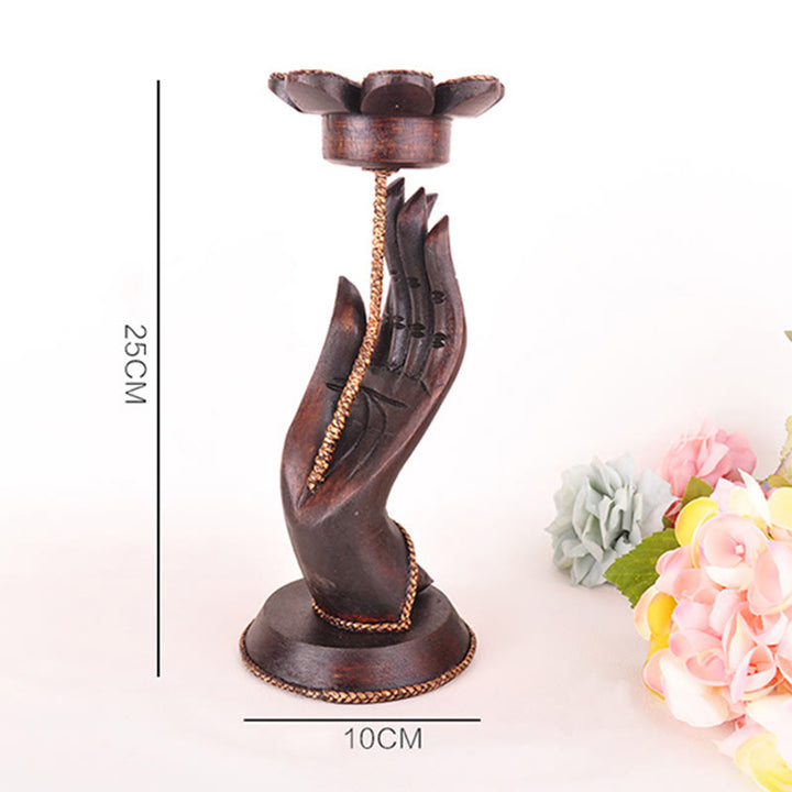 Buddha Stones Hand Pattern Wood Candlestick Home Candle Holder Decoration