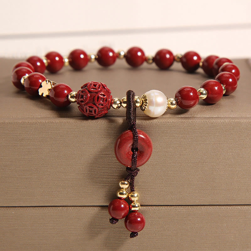 Buddha Stones Natural Cinnabar Peace Buckle Copper Coin Charm Blessing Bracelet