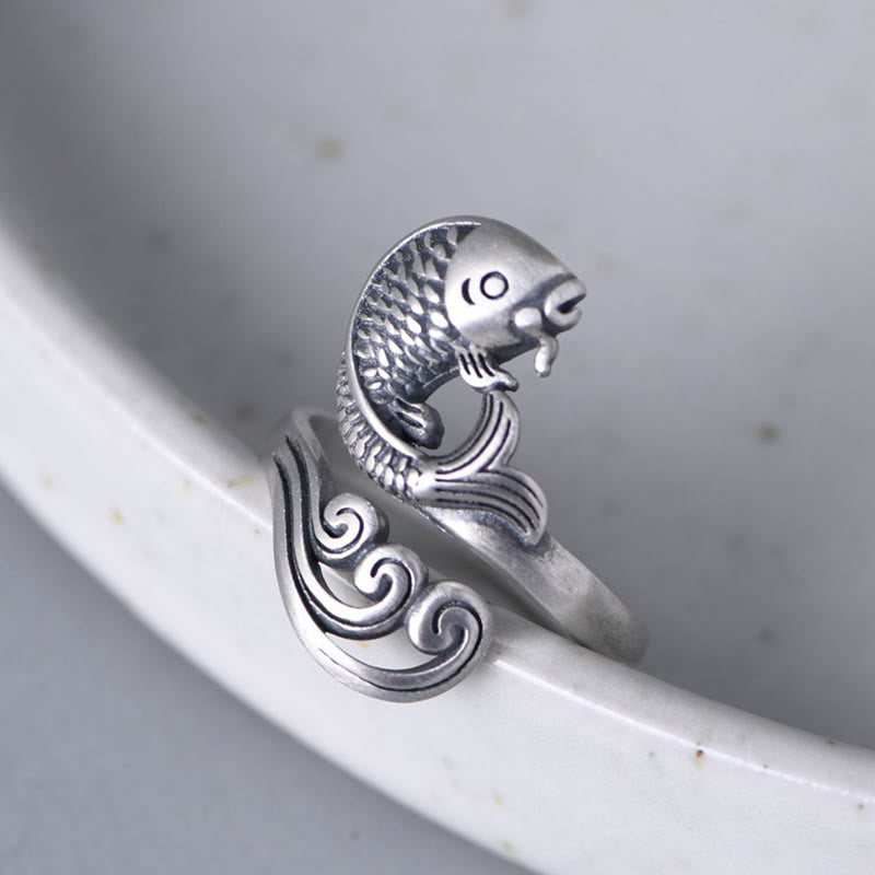 Buddha Stones 925 Sterling Silver Koi Fish Water Ripple Luck Wealth Ring