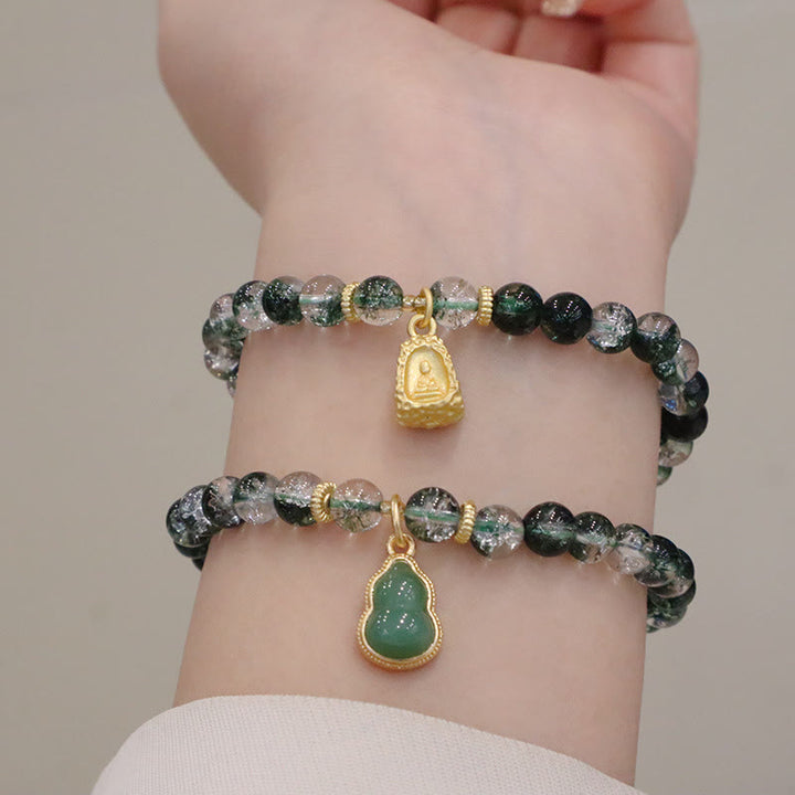 Buddha Stones Natural Green Phantom Confidence Gourd Buddha Charm Bracelet