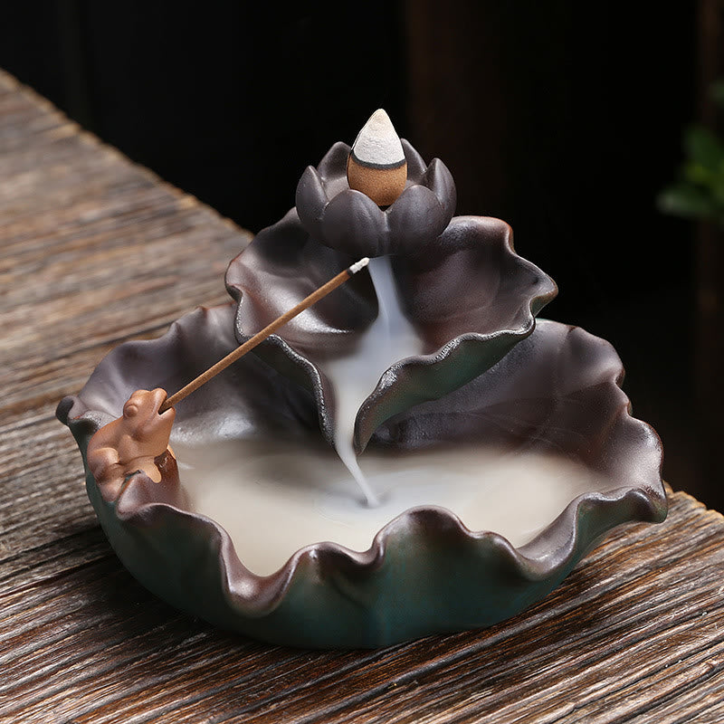 Buddha Stones Lotus Flower Leaf Frog Butterfly Pattern Healing Ceramic Incense Burner Decoration