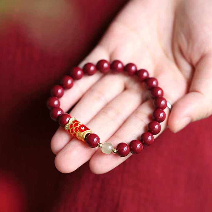 Buddha Stones Natural Cinnabar Lucky Koi Fish Hetian Jade Bead Blessing Bracelet