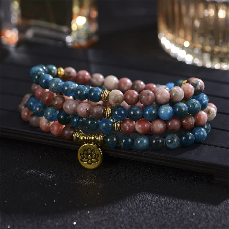 Buddha Stones Lazurite Picasso Jasper Amazonite Rhodonite Apatite Positive Lotus Prayer Bead Bracelet