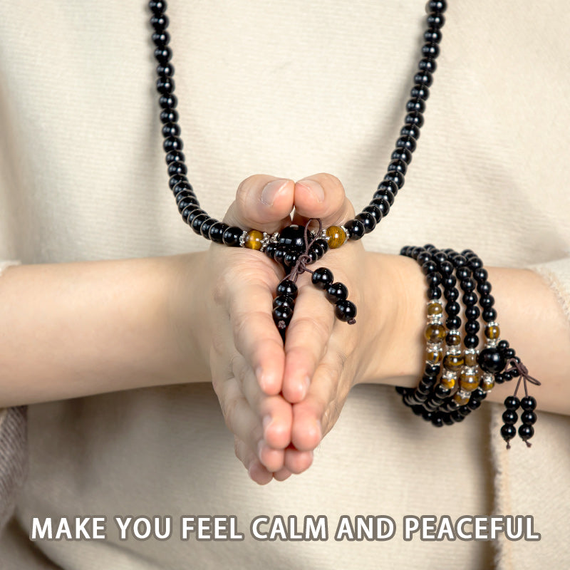 Buddha Stones 108 Beads Natural Black Obsidian Tiger Eye Mala Bracelet