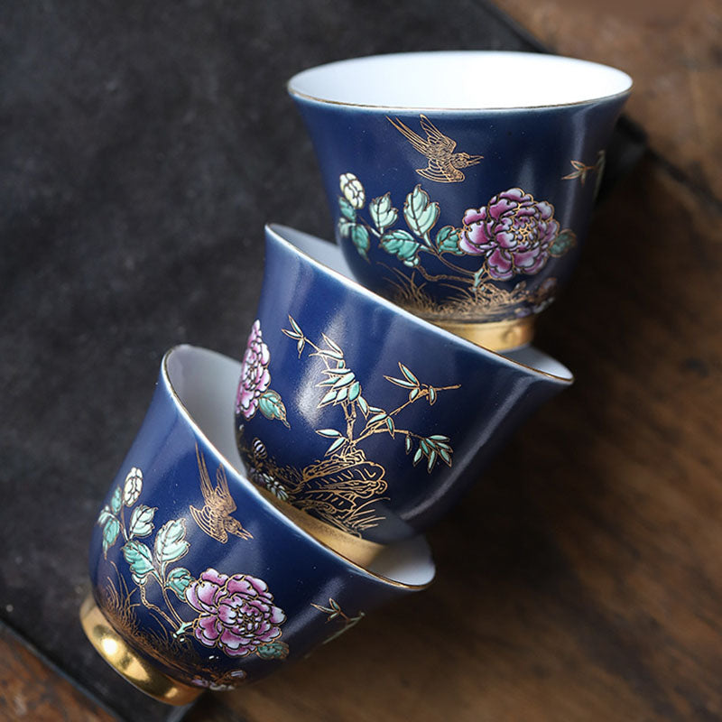 Buddha Stones Golden Magpie Peony Flower Ceramic Teacup Kung Fu Tea Cup