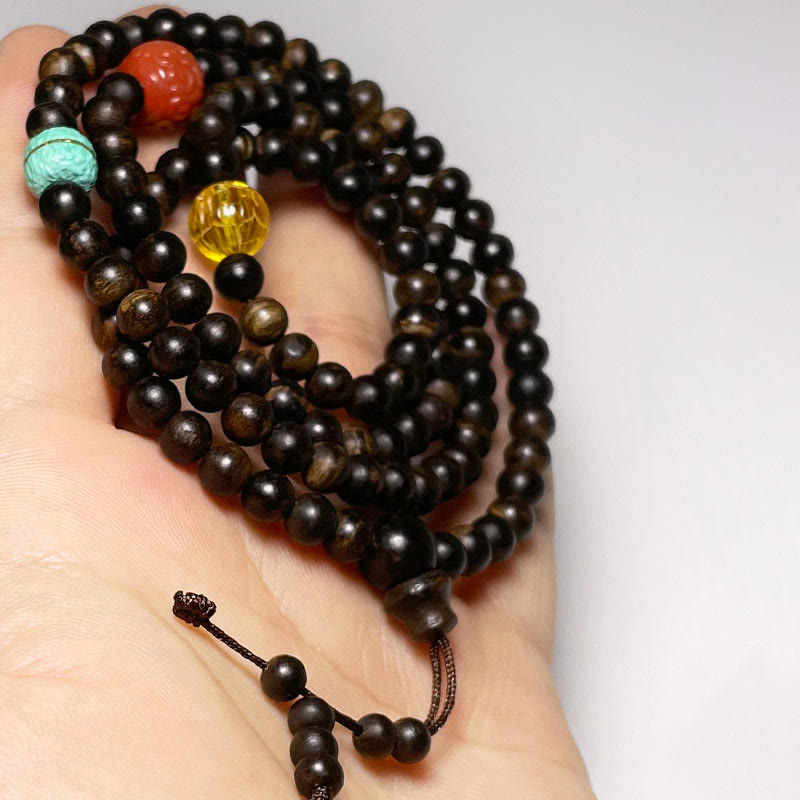 Buddha Stones Nha Trang Bai Qinan Agarwood Turquoise Amber Red Agate Strength Meditation Bracelet