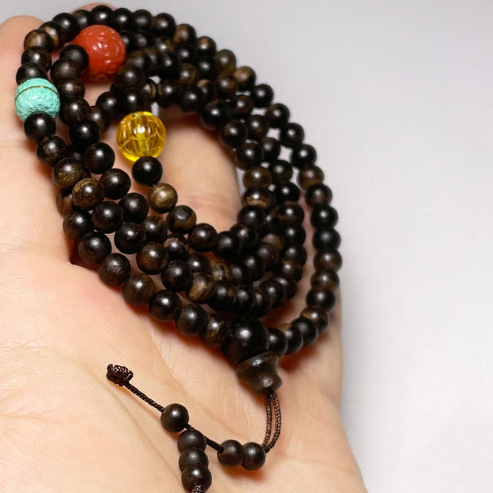 Buddha Stones Nha Trang Bai Qinan Agarwood Turquoise Amber Red Agate Strength Meditation Bracelet