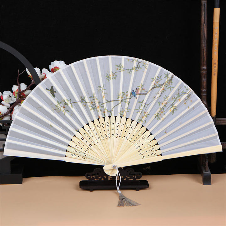 Buddha Stones Classic Birds Singing Flowers Handheld Bamboo Folding Fan