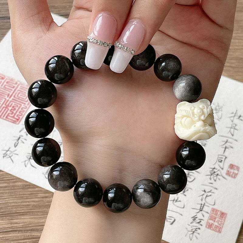 Buddha Stones Silver Sheen Obsidian Bodhi Seed Ivory Fruit Dancing Lion Protection Bracelet