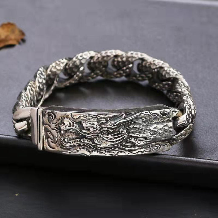 Buddha Stones Retro Dragon Scale Pattern Engraved Protection Bracelet