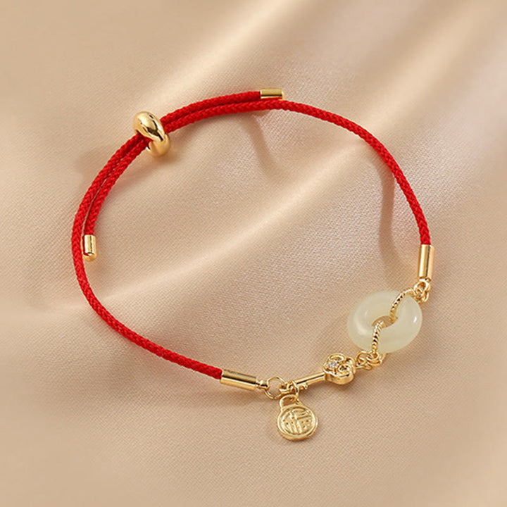 Buddha Stones 18K Gold Plated Hetian Jade Peace Buckle Fu Character Luck Red Rope Bracelet