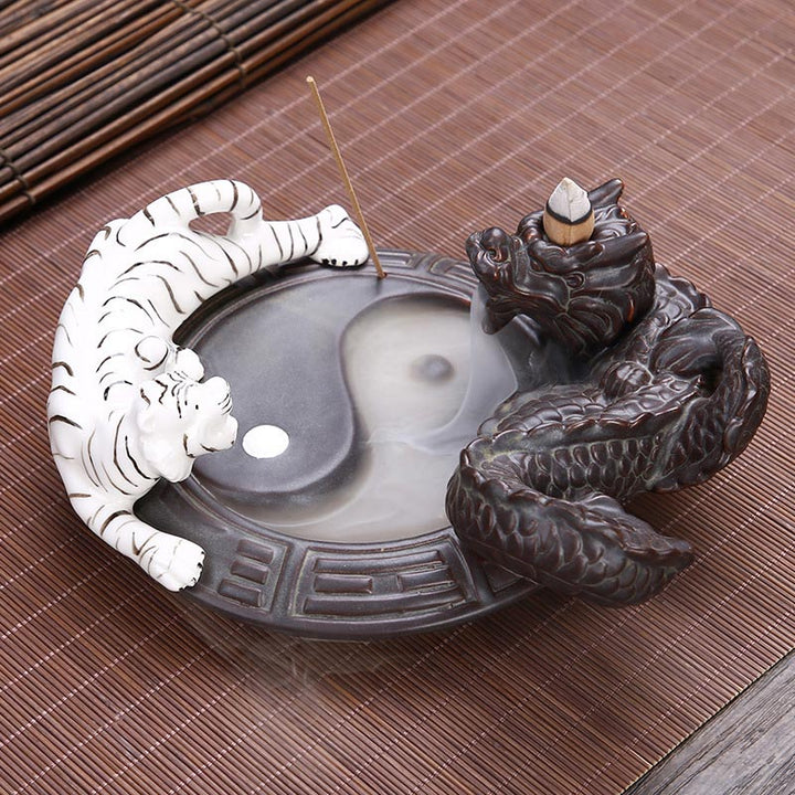 Tiger Dragon Backflow Smoke Fountain Ceramic Yin Yang Blessing Incense Burner Decoration