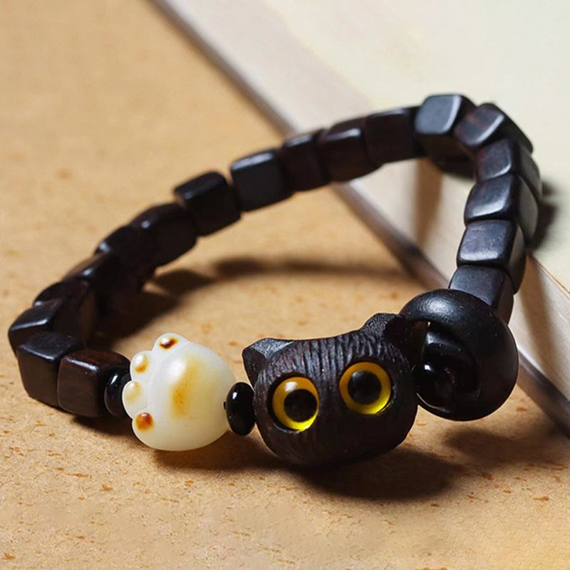 Buddha Stones Ebony Wood Cute Cat Bodhi Seed Paw Claw Square Beads Calm Bracelet