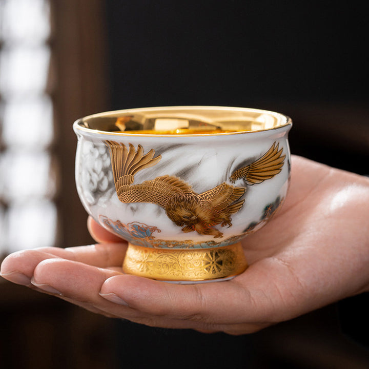 Buddha Stones Golden Eagle Auspicious Dragon Sun Ocean Waves Gilt Ceramic Teacup Kung Fu Tea Cup