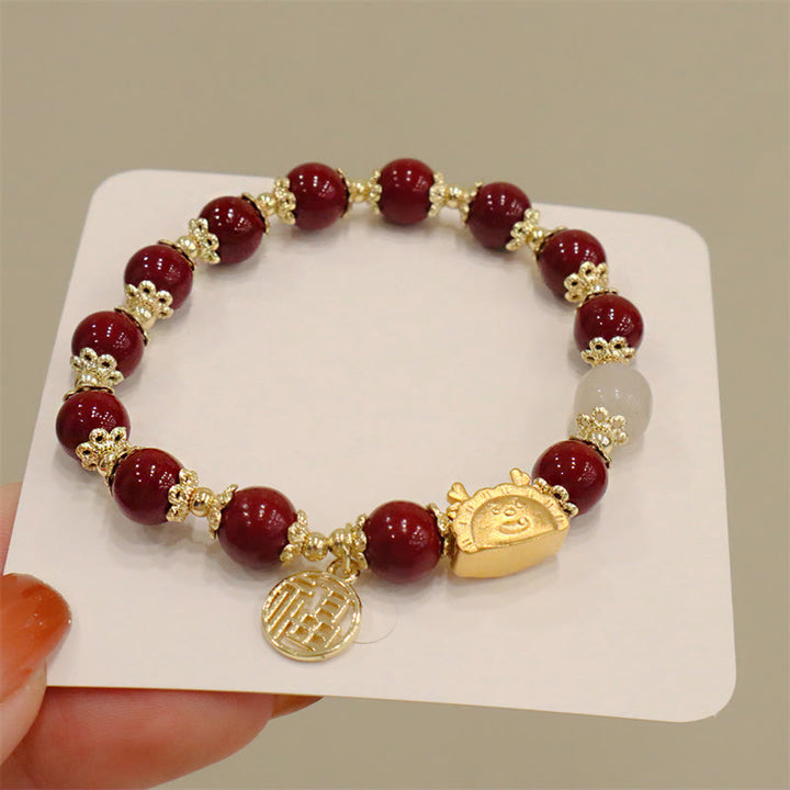 Buddha Stones Year Of The Dragon Red Agate Strawberry Quartz Black Obsidian Jade Garnet Pearl Cinnabar Dumpling Dragon Luck Fu Character Bracelet