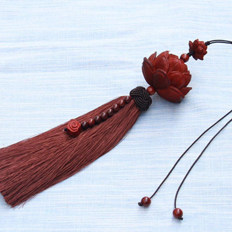 Buddha Stones Tibetan Small Leaf Red Sandalwood Lotus Luck Protection Tassel Decoration