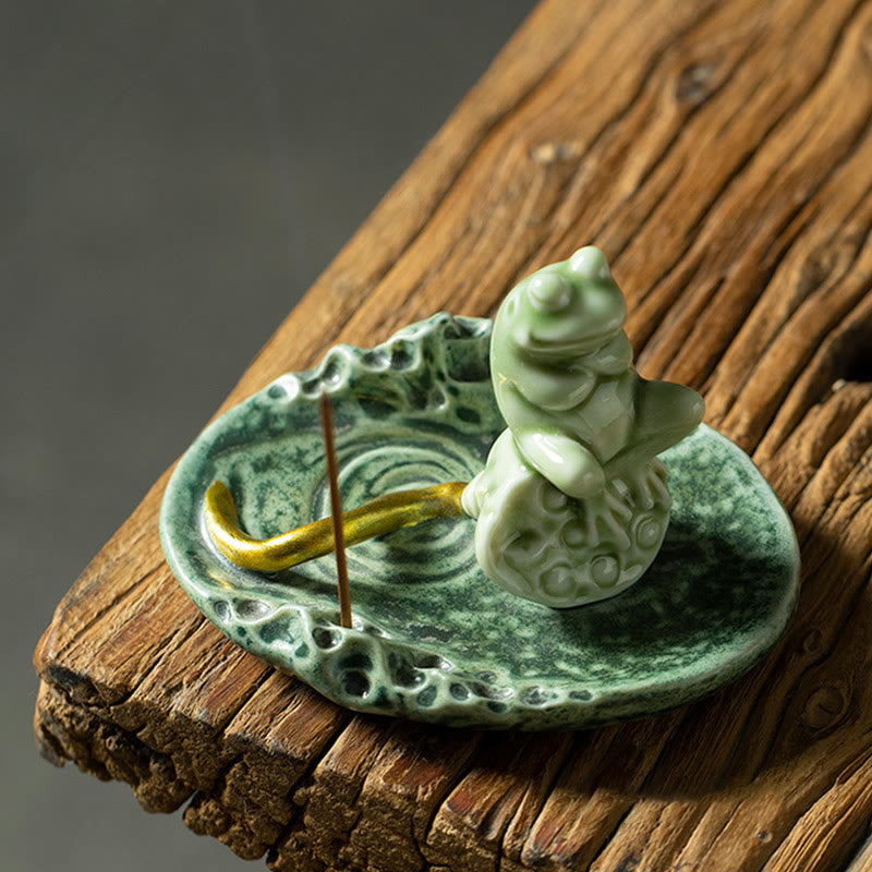 Buddha Stones Leaf Meditation Frog Pattern Healing Ceramic Incense Burner Decoration