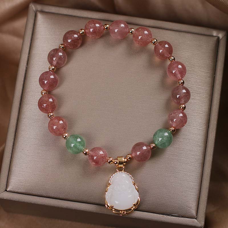 Buddha Stones Natural Strawberry Quartz Jade Protection Healing Bracelet