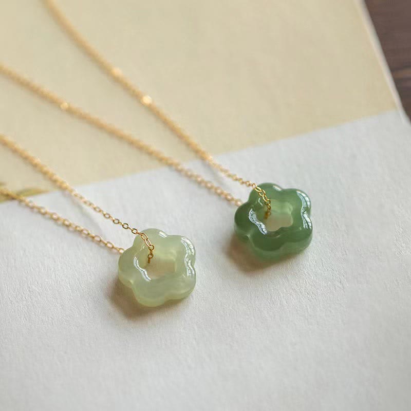 Buddha Stones Dainty Hetian Jade Cyan Jade Luck Floral Charm Necklace Pendant