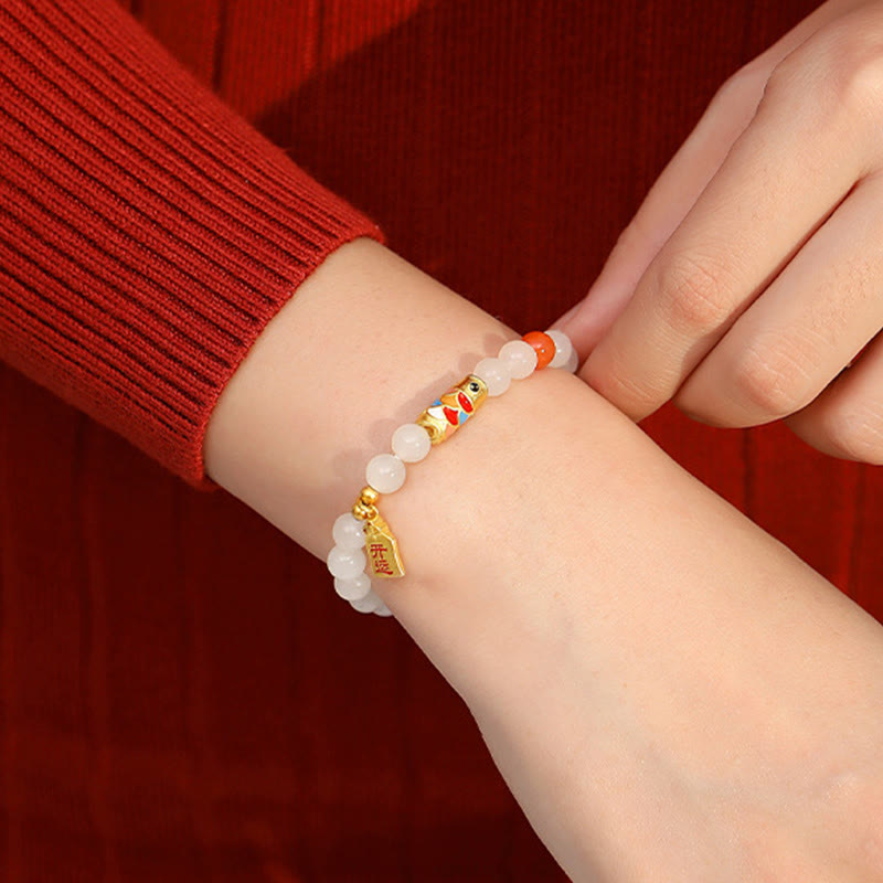 Buddha Stones 925 Sterling Silver Hetian White Jade Red Agate Koi Fish Luck Happiness Bracelet