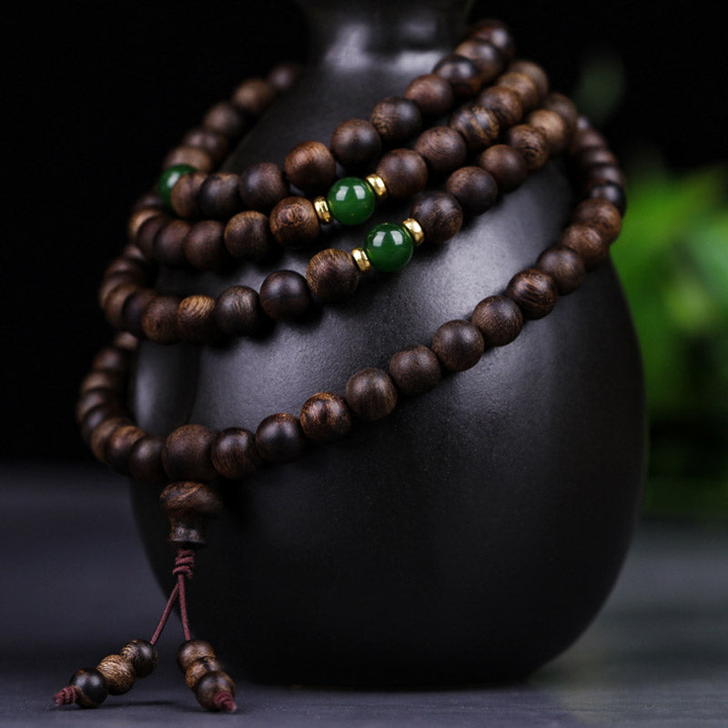 Buddha Stones 108 Mala Beads Indonesia Tarakan Rare Agarwood Cyan Jade Ward Off Evil Spirits Bracelet