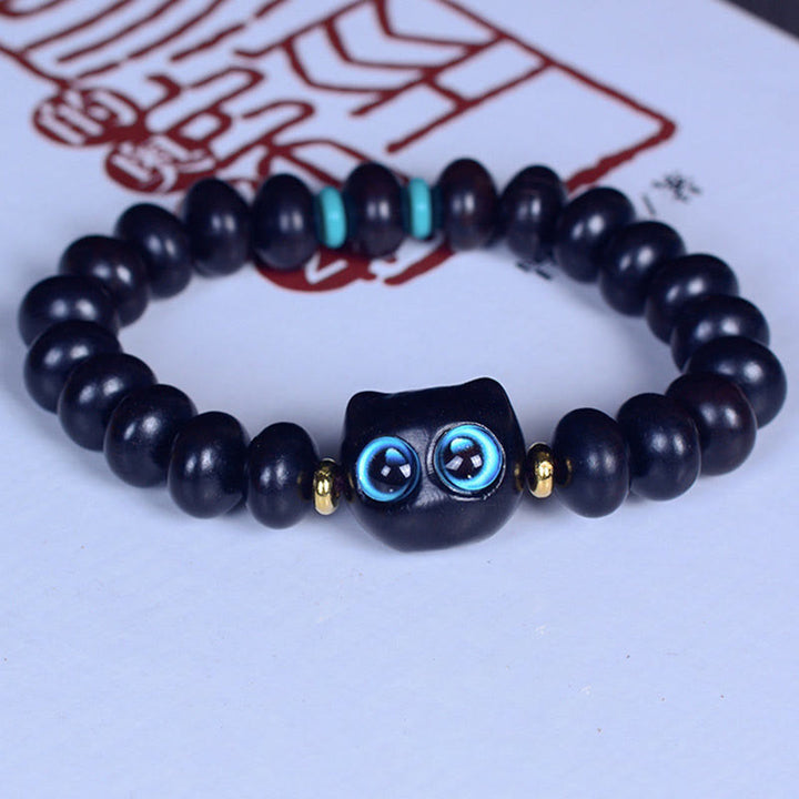 Buddha Stones Ebony Wood Liuli Glass Lovely Cat Peace Balance Bracelet