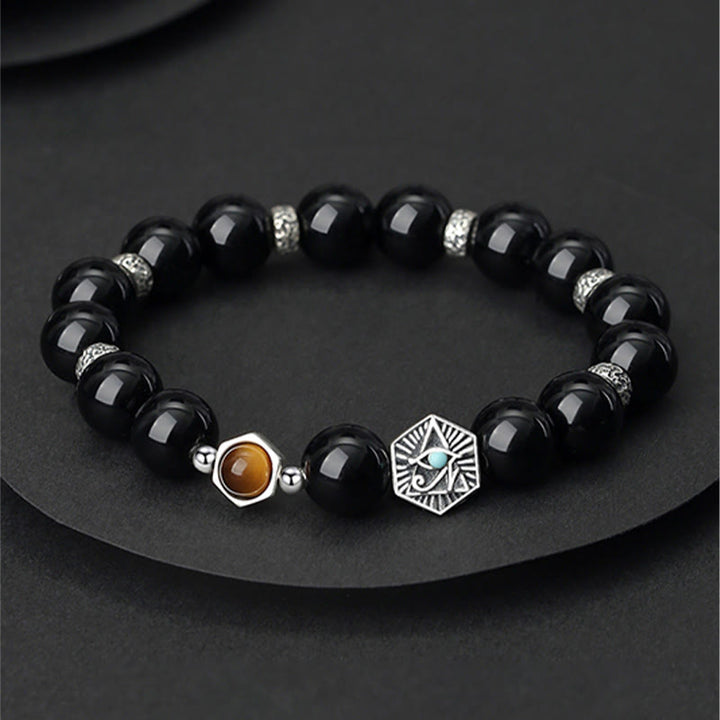 Buddha Stones 925 Sterling Silver Black Obsidian Tiger Eye Eye of Providence Purification Bracelet