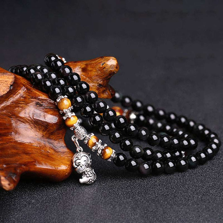 Chinese Zodiac 108 Beads Black Obsidian Tiger Eye Fortune Mala Bracelet