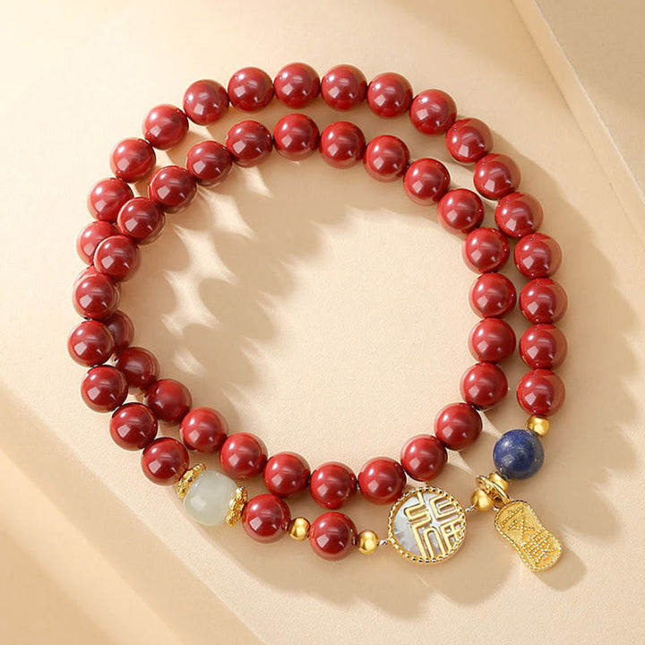 Buddha Stones 925 Sterling Silver Cinnabar Tridacna Stone Fu Character Double Wrap Blessing Bracelet