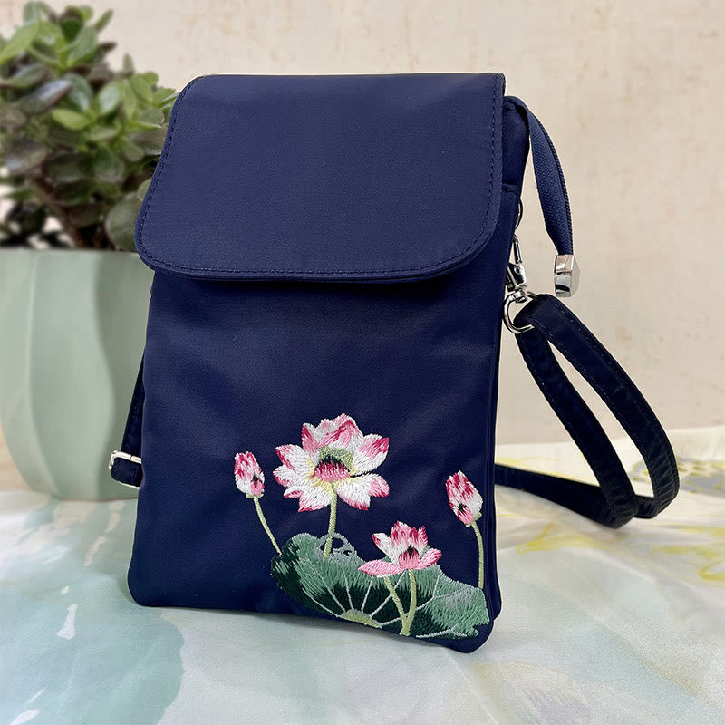 Waterproof Handmade Embroidered Lotus Flowers Crossbody Bag Shoulder Bag Cellphone Bag