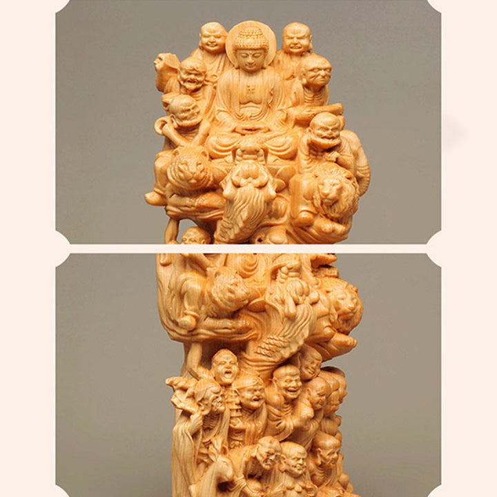 Buddha Stones Handmade Thuja Sutchuenensis Wood Eighteen Arhats Statue Purify Decoration