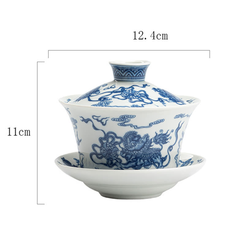 Buddha Stones Blue And White Porcelain Lotus Koi Fish Lion Dance Watermelon Ceramic Gaiwan Sancai Teacup Kung Fu Tea Cup And Saucer With Lid 300ml