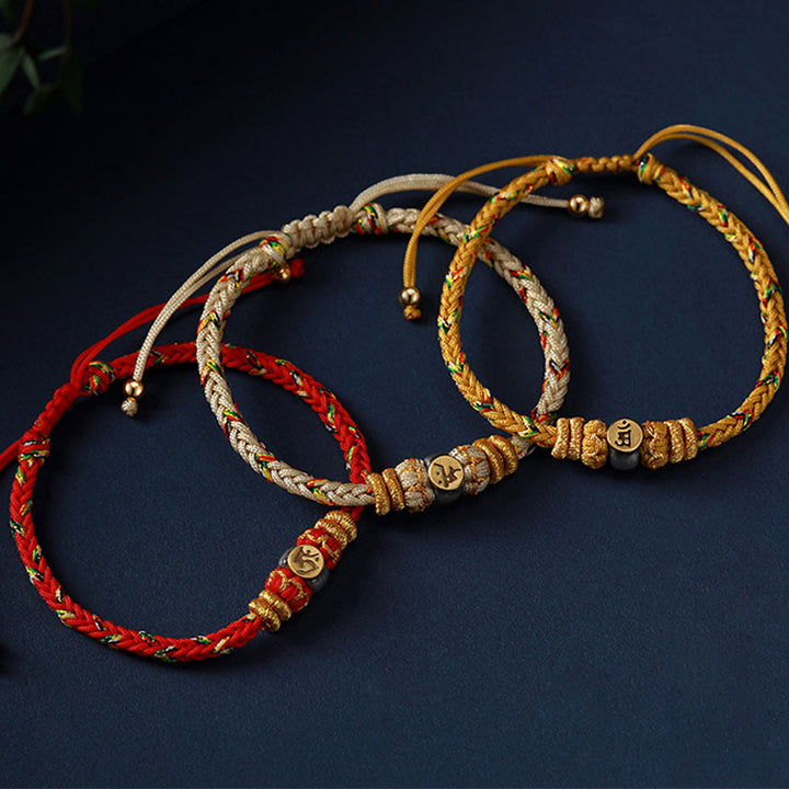 Buddha Stones Chinese Zodiac Natal Buddha Silver Luck Braided String Bracelet