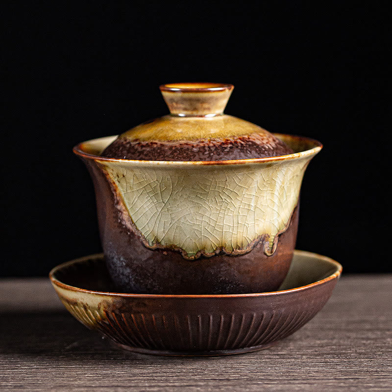 Buddha Stones Vintage Brown Kiln Change Design Porcelain Ceramic Gaiwan Sancai Teacup Kung Fu Tea Cup And Saucer With Lid