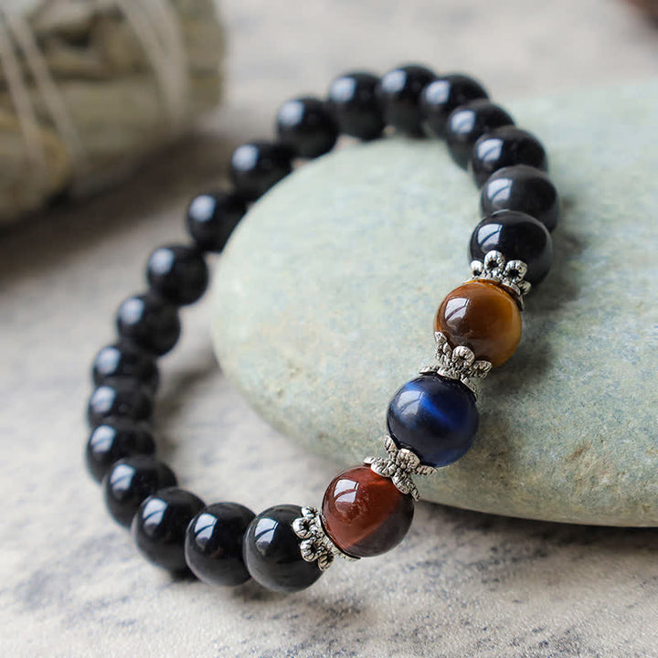 Natural Black Obsidian Tricolor Tiger Eye Strength Bracelet