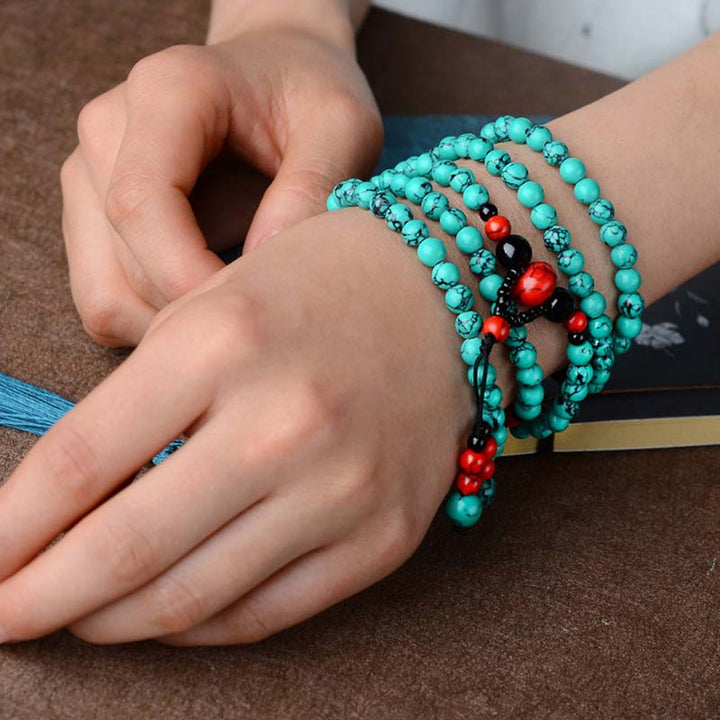 Buddha Stones Turquoise Black Onyx Red Turquoise Bead Protection Bracelet