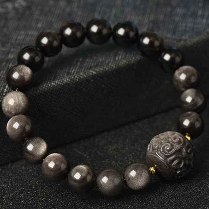 Buddha Stones Silver Sheen Obsidian Lotus Flower Nine Tailed Fox Laughing Buddha Protection Bracelet