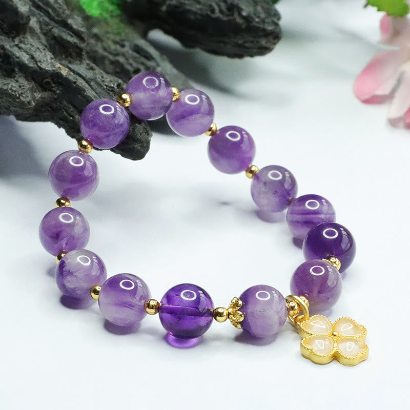 Buddha Stones Natural Amethyst Crystal Inner Peace Four Leaf Clover Charm Bracelet