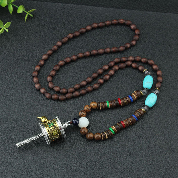 Buddha Stones Tibetan Om Mani Padme Hum Prayer Wheel Rotation Vajra Wood Necklace Pendant