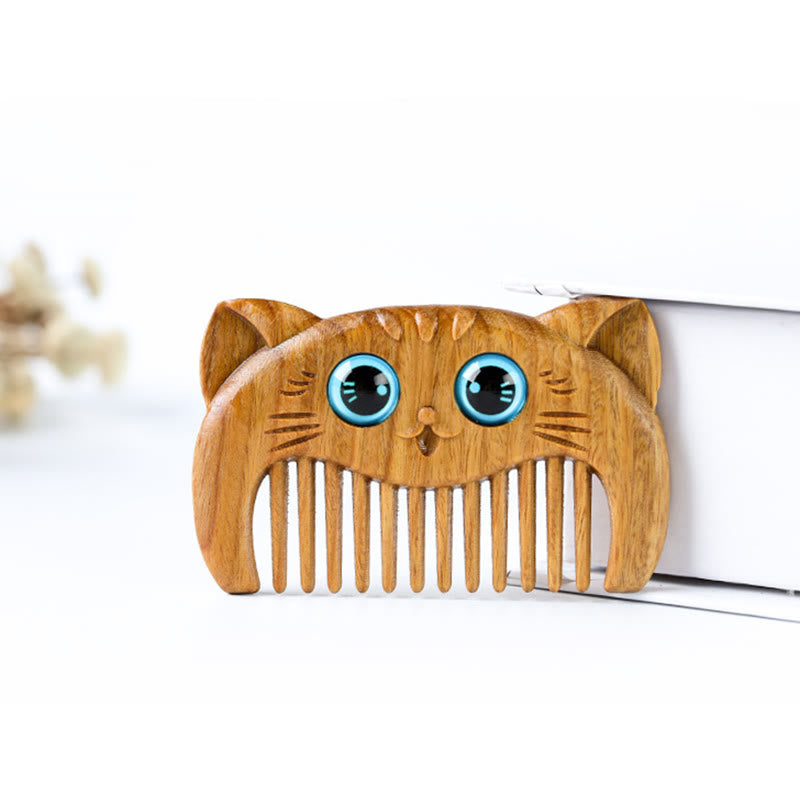 Simple Cat Pattern Green Sandalwood Cure Portable Comb