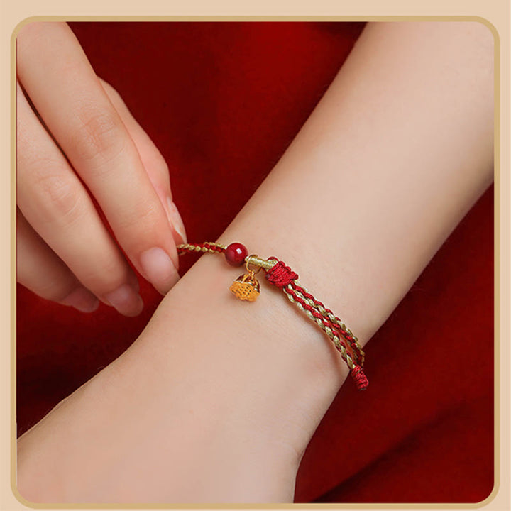 Buddha Stones Handmade 925 Sterling Silver Lotus Cinnabar Gold Bead Blessing Braid Bracelet