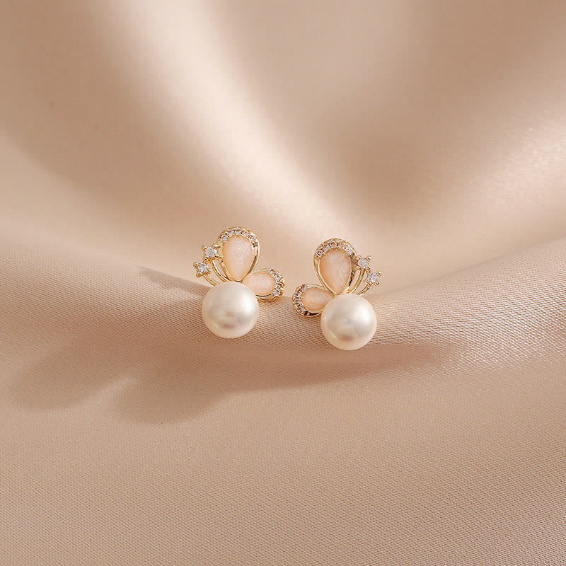 Buddha Stones 18K Gold Pearl Butterfly Love Freedom Stud Earrings