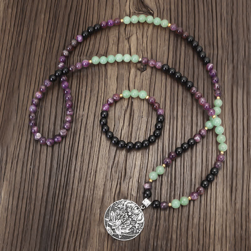 Buddha Stones 108 Mala Beads Amethyst Green Aventurine Lotus Meditation Bracelet