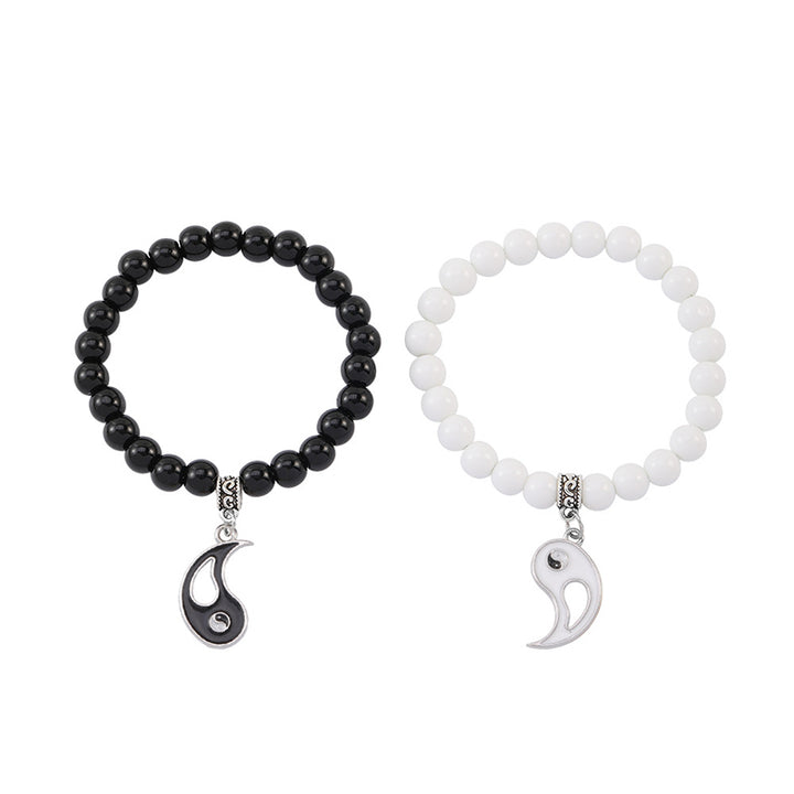 Buddha Stones 2Pcs Black Onyx White Turquoise Bead Yin Yang Protection Couple Bracelet