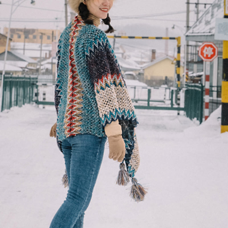 Buddha Stones Tibetan Shawl Blue Beige Red Wavy Pattern Winter Warm Tassel Scarf