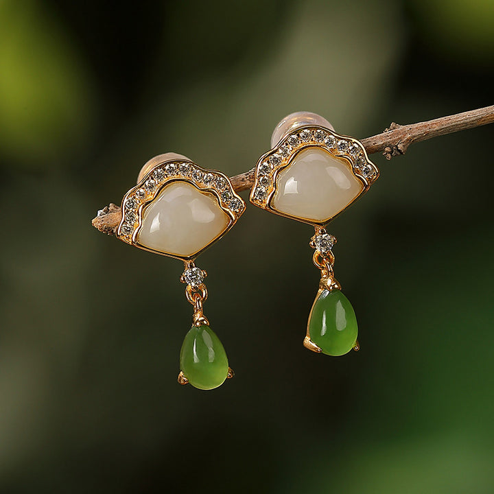 Buddha Stones White Jade Cyan Jade Fan Water Drop Pattern Luck Drop Earrings