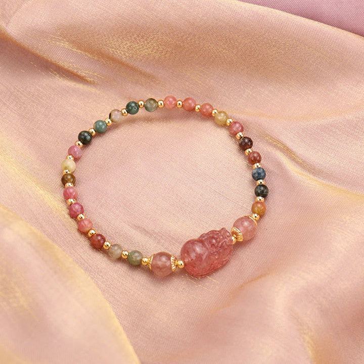 Buddha Stones Natural Tourmaline Garnet Strawberry Quartz PiXiu Moonstone Protection Bracelet